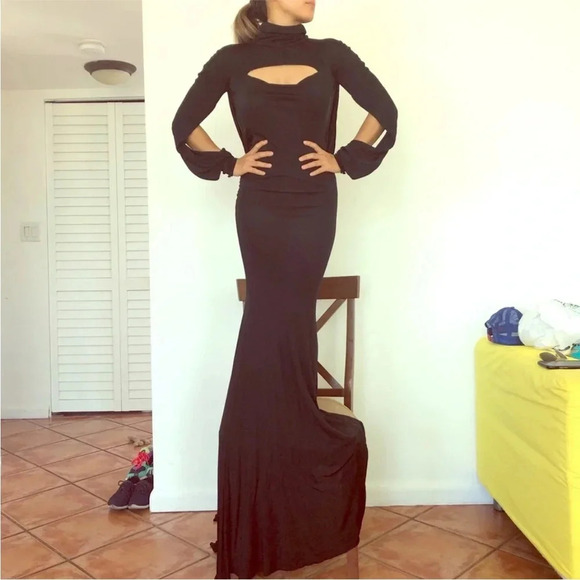 black gown w/ train long sleeve dramatic statement dress like Beyoncé wore sz 8 - Picture 10 of 17
